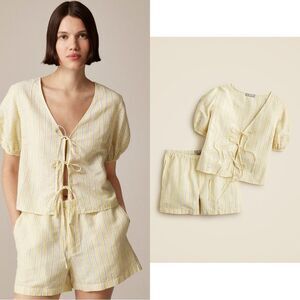 NWT J CREW Linen-cotton blend tie-front short set in pale yellow